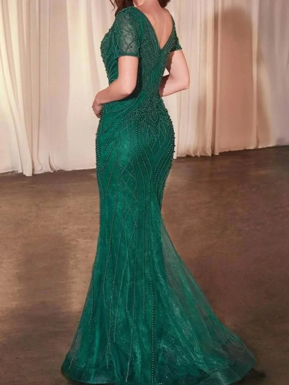 Beaded Deep Green V-Neck Maxi Dress
